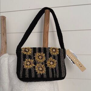 Viral Black and Gold Floral Sunflower Beaded Shoulder Bag